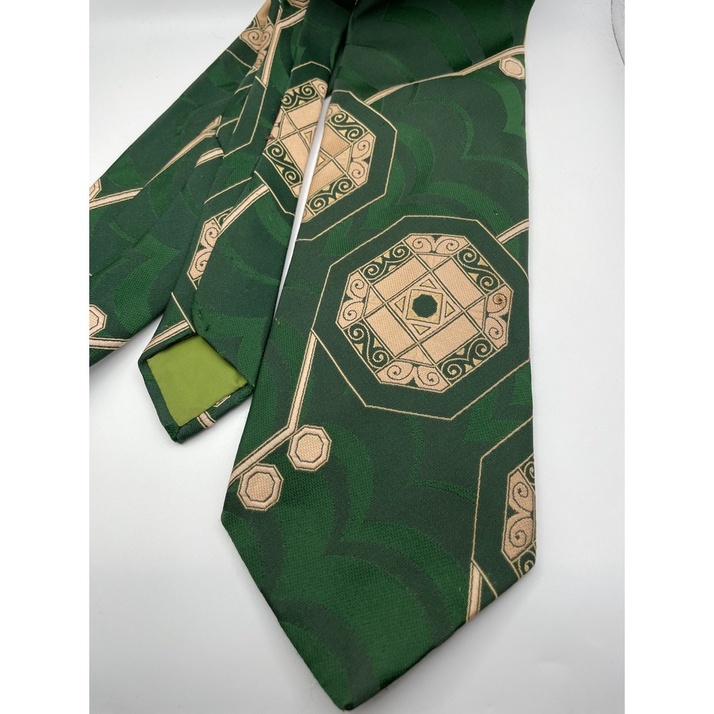 Vintage Liebert Mens Tie Green Tan Geometric Octagon Pattern Jacquard Wide 4"